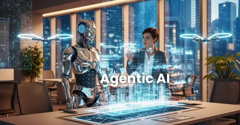 Humanoid Future of Agentic AI collaborating with human professional in a futuristic 2030 smart workspace with holographic data and autonomous drones.
