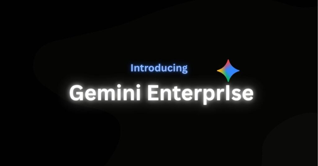 Gemini Enterprise AI dashboard in a modern office showing automated workflows and intelligent business analytics