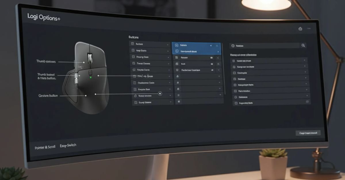 Logi Options+ software customization screen for Logitech MX Master 4 mouse on desktop monitor