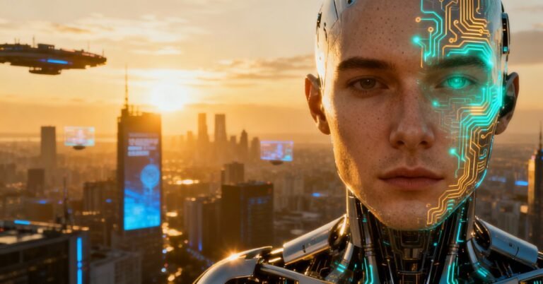 AGI: Super Intelligence Rise of Artificial General Intelligence represented by a humanoid AI robot merging human and digital elements at sunrise.