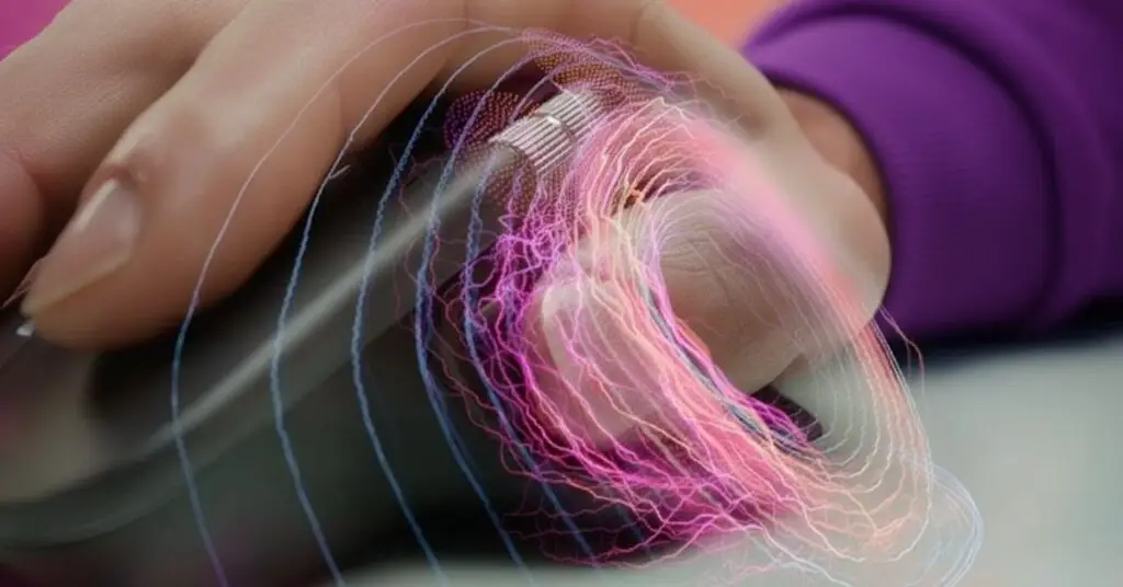 Close-up of Logitech MX Master 4 mouse showing haptic feedback precision scroll wheel in action