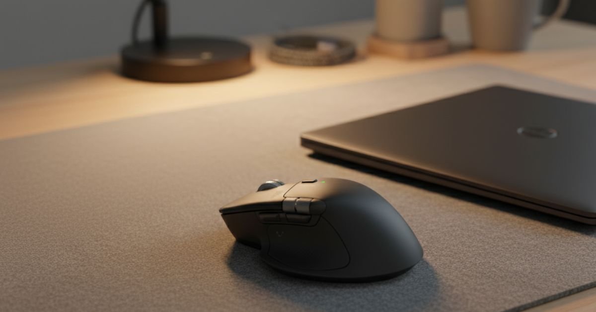 Logitech MX Master 4 mouse on a modern desk with MacBook and Windows laptop for seamless productivity