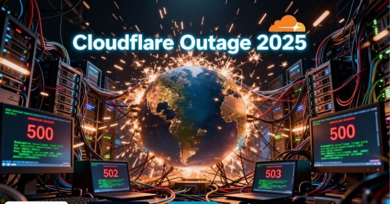 Cloudflare Global Outage image depicting Cloudflare outage 2025, with error messages on screens and major platform logos, illustrating global internet disruption.